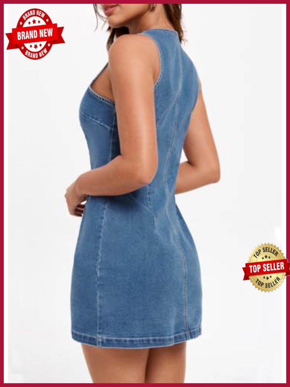 Women's Sleeveless Denim Mini Dress Stretch Button Front Bodycon - Picture 5 of 6